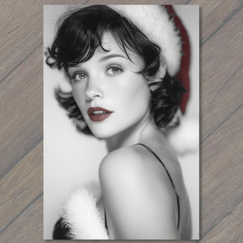 STICKER Retro Woman Santa Hat Red Lips Classic Christmas Glam Beauty