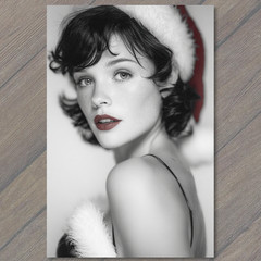 STICKER Retro Woman Santa Hat Red Lips Classic Christmas Glam Beauty