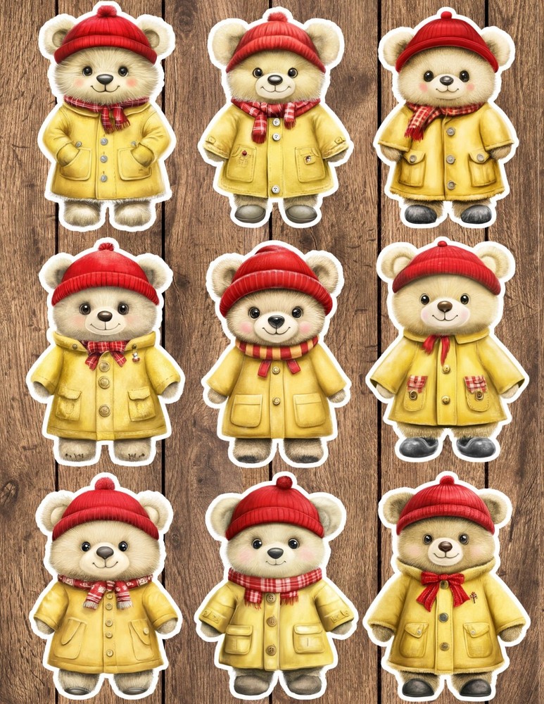 Bear in Yellow Jacket Die Cut Stickers Set Scrapbooking Laptop Waterbottle