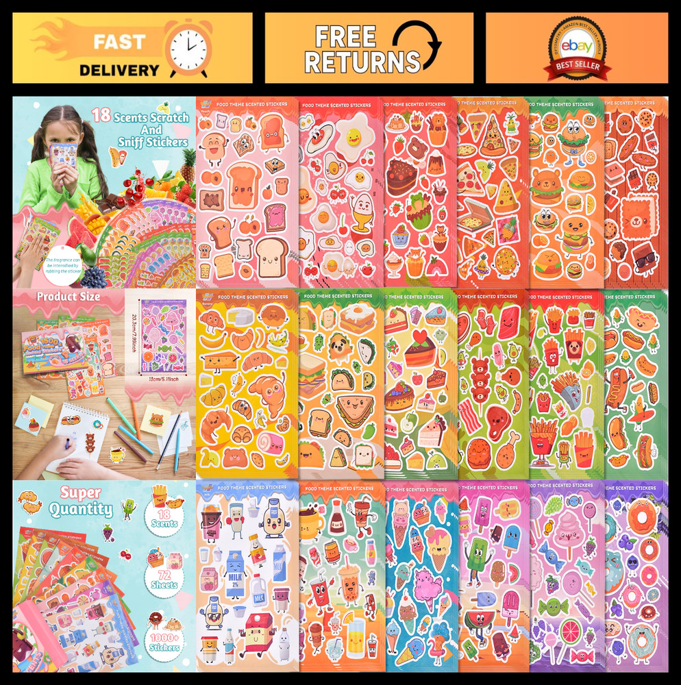 Scented Stickers Scratch & Sniff – 1500+ Cute Food Themes, 72 Sheets for Kids Re