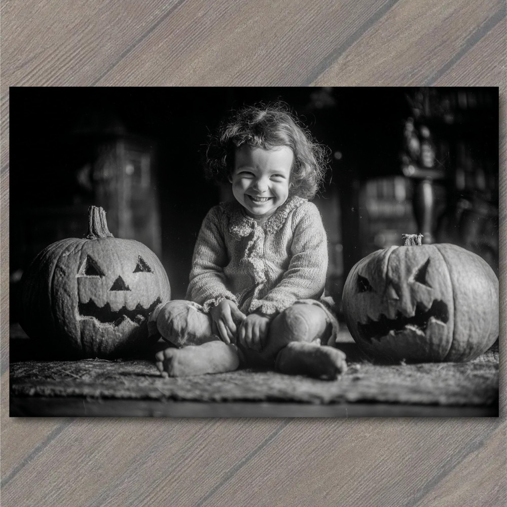 STICKER Laughing Child Jack O Lantern Pumpkins Black White Halloween Joy