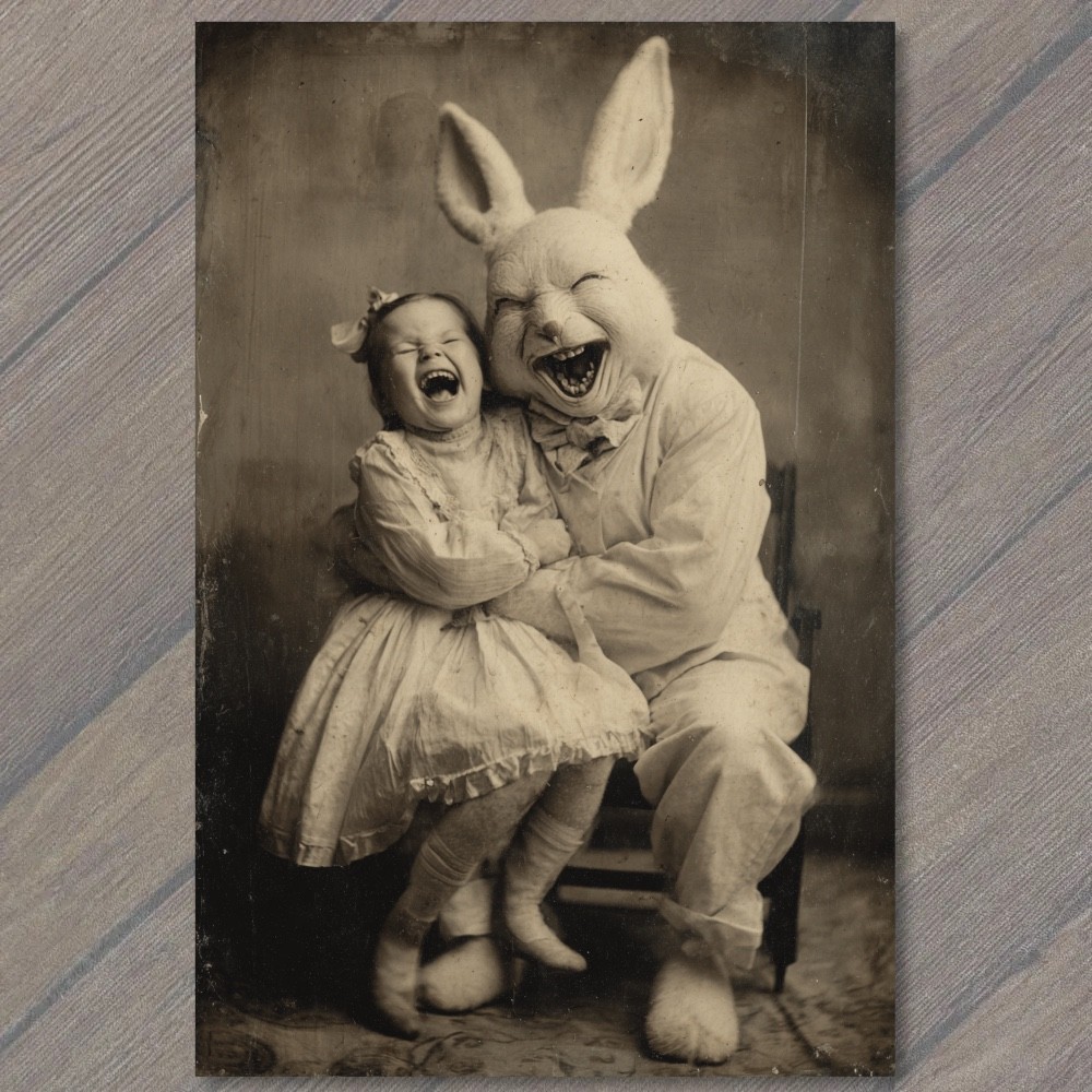 STICKER Creepy Easter Bunny Costume Laughing Child Old Time Portrait Cabinet