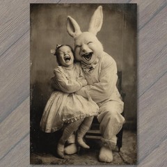 STICKER Creepy Easter Bunny Costume Laughing Child Old Time Portrait Cabinet