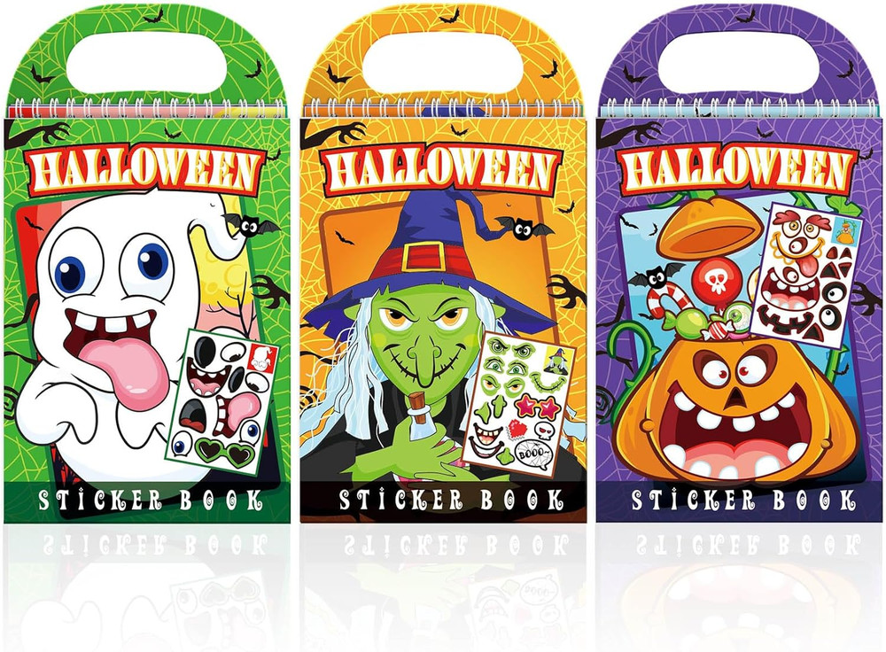 Halloween Make-a-Face Sticker Books 3-Pack,Halloween Toys Activity Pad for Kids