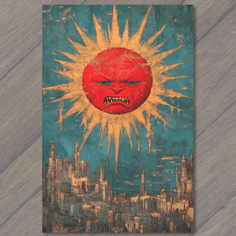 STICKER Angry Sun Over City Mean Star Hot Rays Buildings Sky Funny Unusual