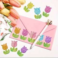 500 pcs Sticker Seals Roll Glitter Foil Floral Tulips Design Self Adhesive NEW