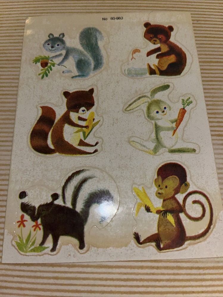 Vintage Sticker Sheet Cute Animals Raccoon Skunk Squirrel Bunny Monkey Bear Old