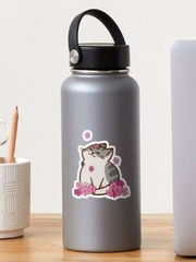 Sakura Cat Cherry Blossoms Vinyl Sticker 3×3.5″ Matte Handmade Durable