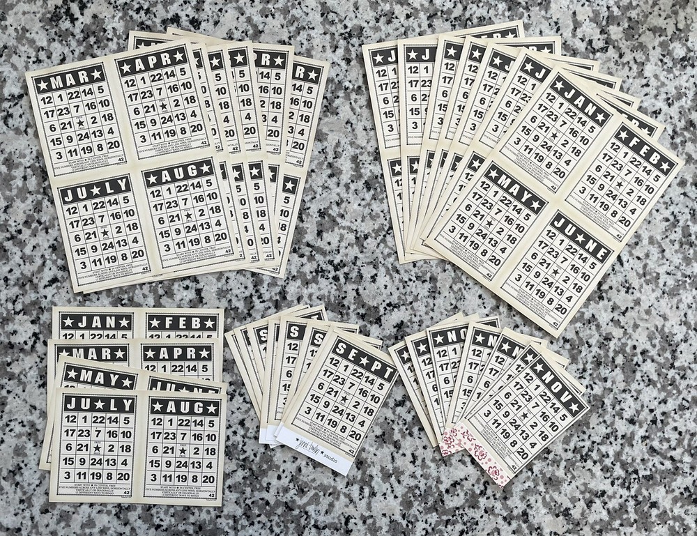 Jenni Bowlin Bingo Cards Calendar Months Scrapbook Paper Trimmed 75 Pc Lot