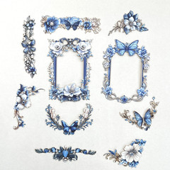 Butterfly Flower Frames Corners Cardstock Stickers Blue Junk Journal Collage