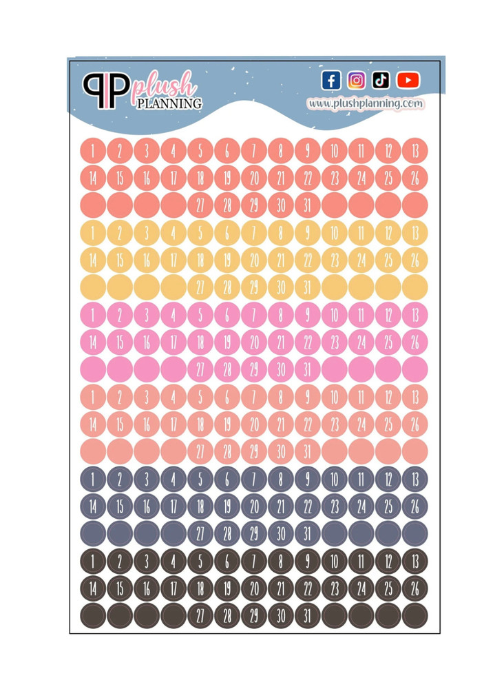 Date Dots Planner Stickers, Laurel Denise Inspired Colors, 6 Sets