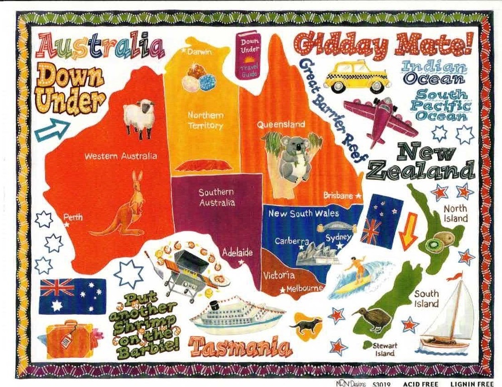 Lot of 5 NRN Designs Australia/New Zealand Map Travel Sticker Large Sheets S3019