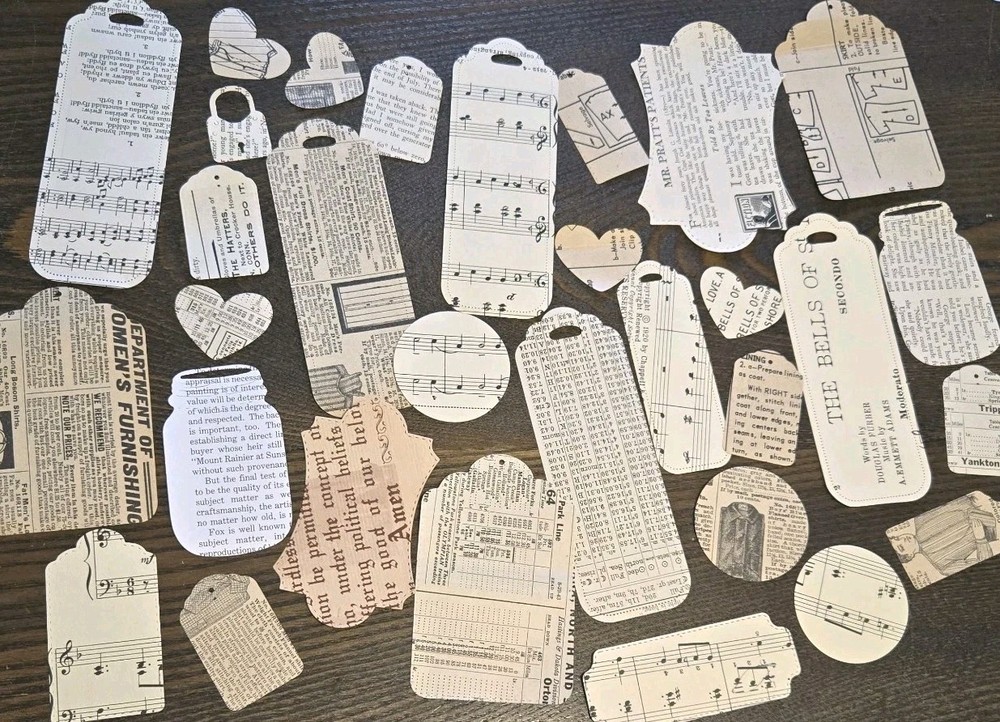 20 Die Cut Paper Tags – Vintage Book Pages Sheet Music Scrapbooking Junk Journal