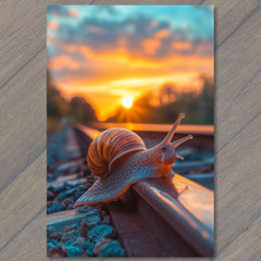 STICKER Snail Railroad Track Sunset Glow Peaceful Journey Serene Train
