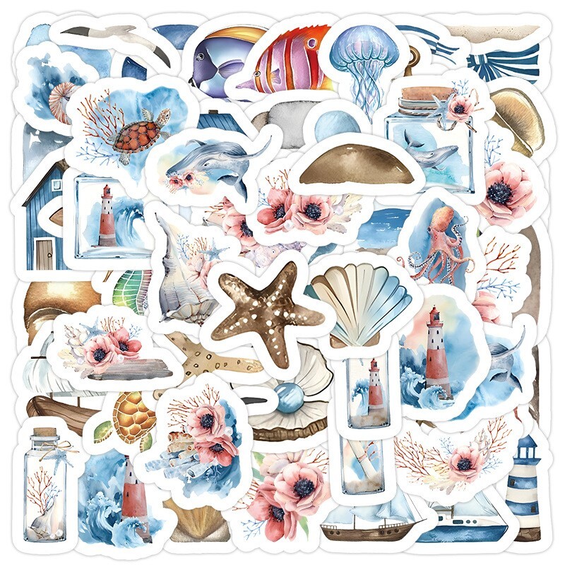 50pcs Aquarium Stickers, Sea Animal Sealife Light House Fish Seashell Coral, 240