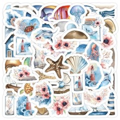 50pcs Aquarium Stickers, Sea Animal Sealife Light House Fish Seashell Coral, 240