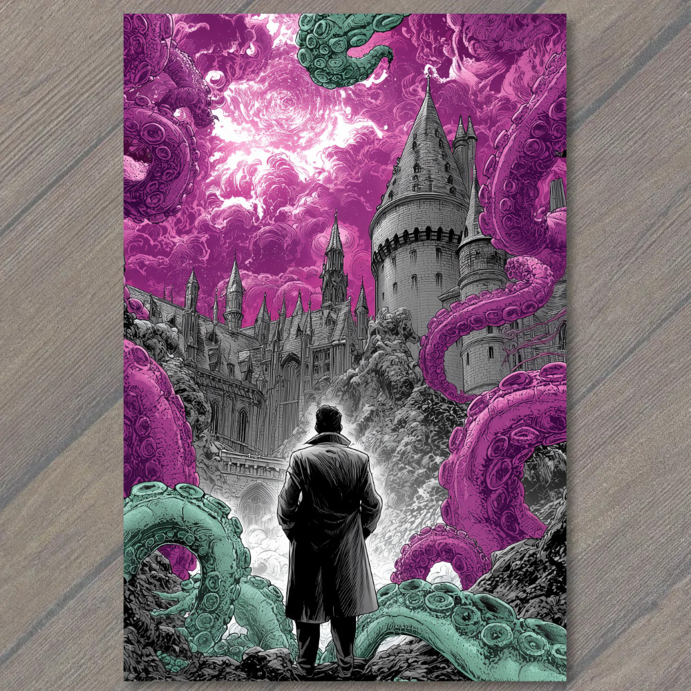 STICKER Tentacles Trenchcoat Man Castle Storm Gothic Lovecraft Monster Horror