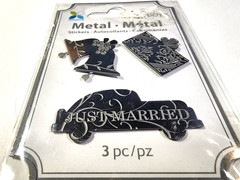 Just Married Car & Bells Metal Embossed Stickers Momenta 3pc Wedding Scrapbook