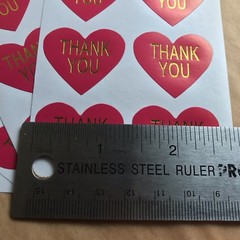 75 Heart Shaped Thank You Stickers On Glossy Hot Pink Paper With Gold Lettering