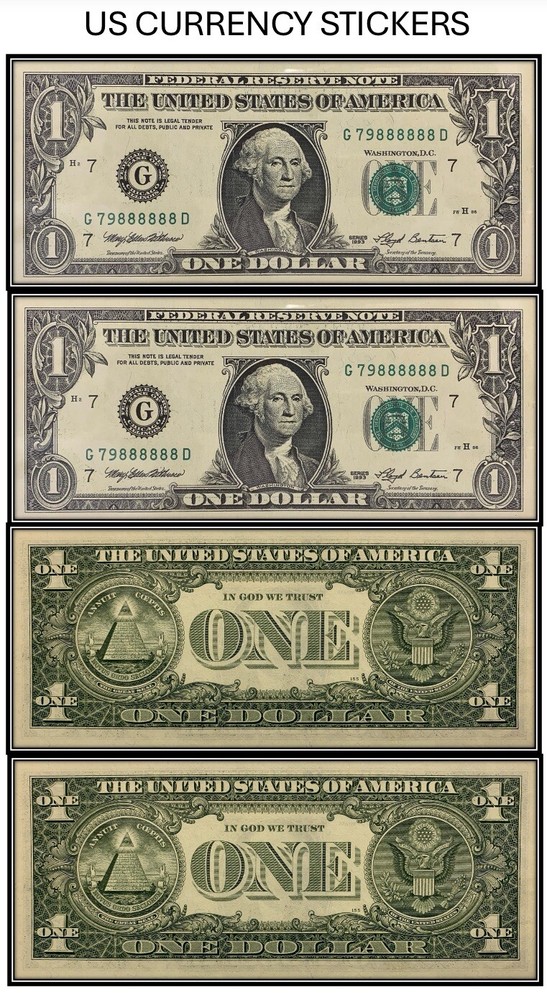 $1 One Dollar 1993 Federal Reserve Note (US CURRENCY STICKERS) (Lot Of 2)