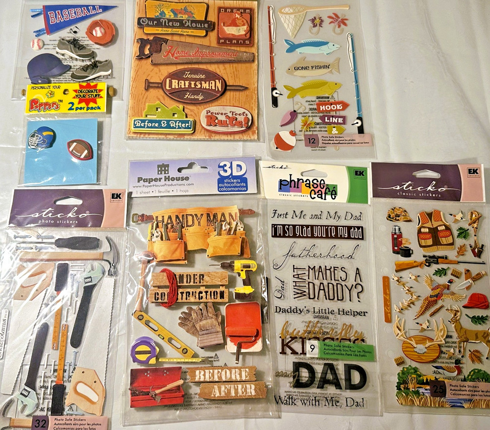 8 Assorted Sealed Packages of Crafting Stickers Baseball Fishing Handyman Dad