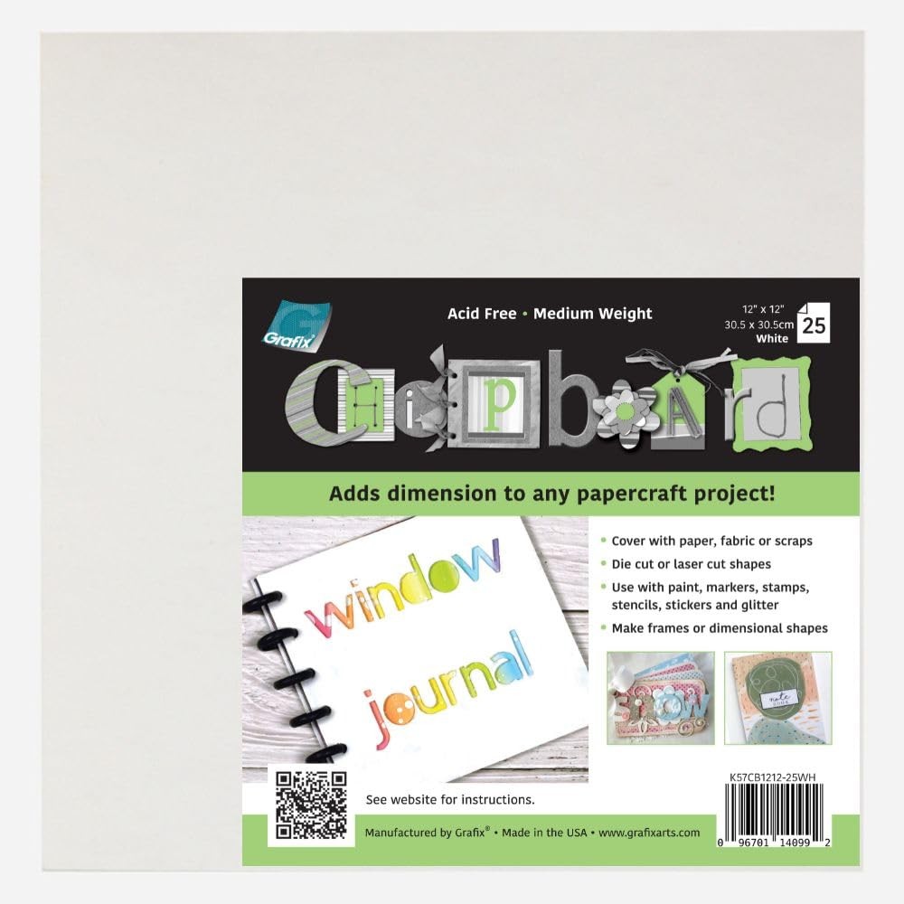Medium Weight Chipboard 25 Pack 12×12 Inch White Acid Free 0.057 Sheet Craft