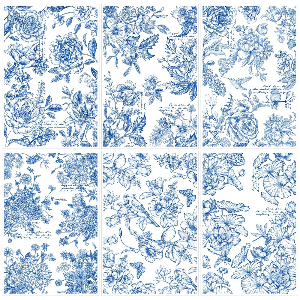 Blue Flower Rub on Transfers for Crafts – 6 Sheets 12 x 8 inches,