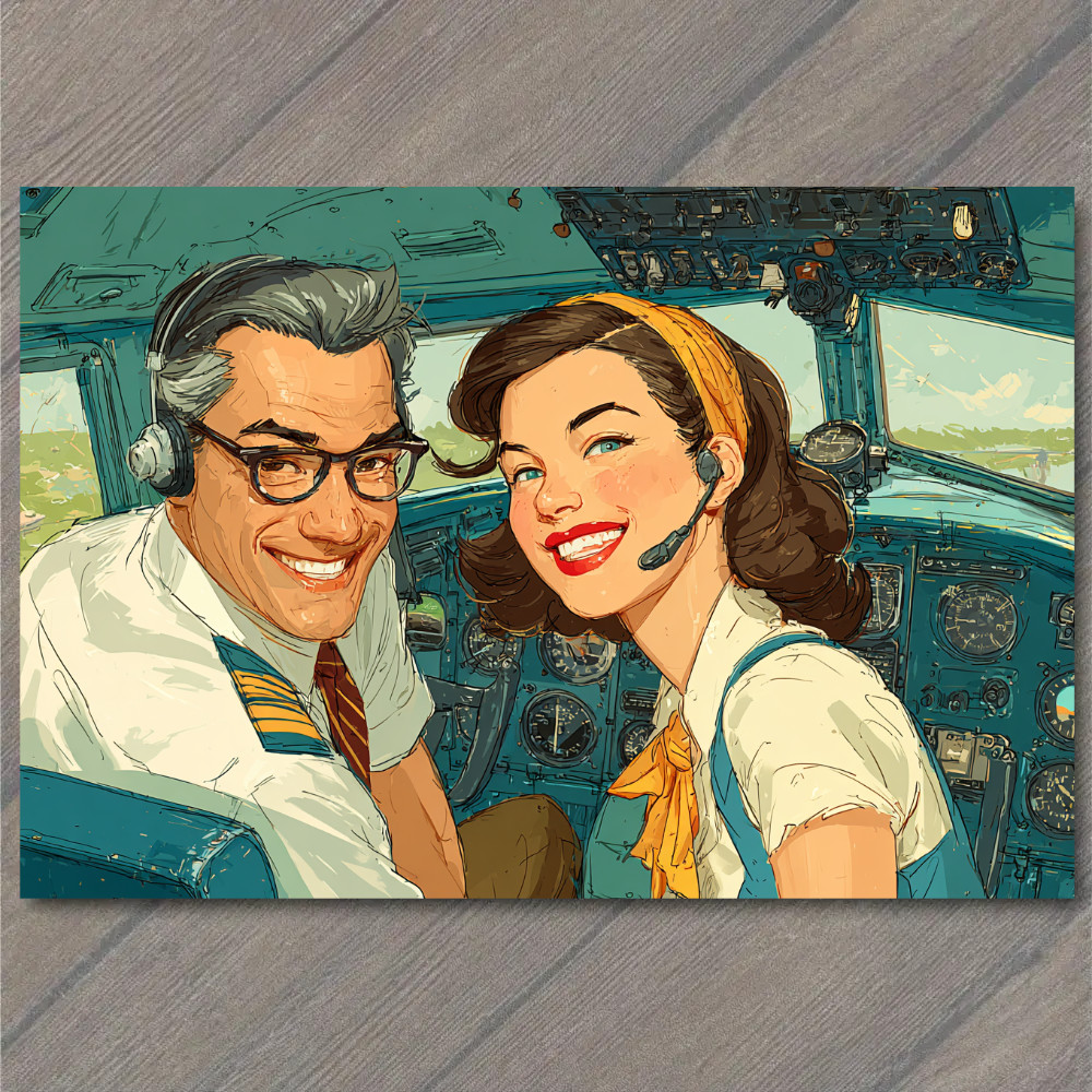 STICKER Cheerful Airline Cockpit Couple Headsets Smiling Midcentury Flight Cab