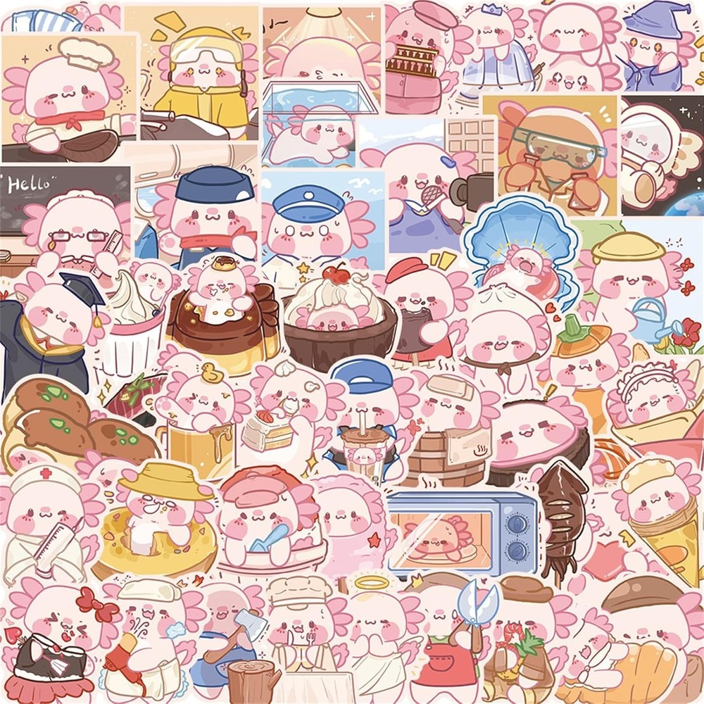 Cute Axolotl Stickers Pack of 50 – Vibrant Waterproof Vinyl for All Surfaces