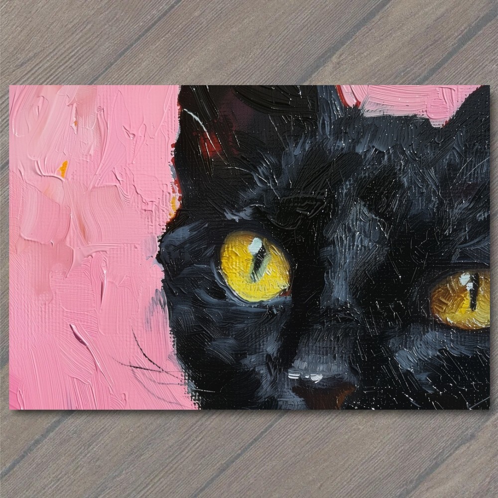 STICKER Black Cat Yellow Eyes Pink Pet Background Painting Cute Fun Feline