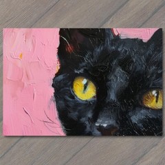 STICKER Black Cat Yellow Eyes Pink Pet Background Painting Cute Fun Feline