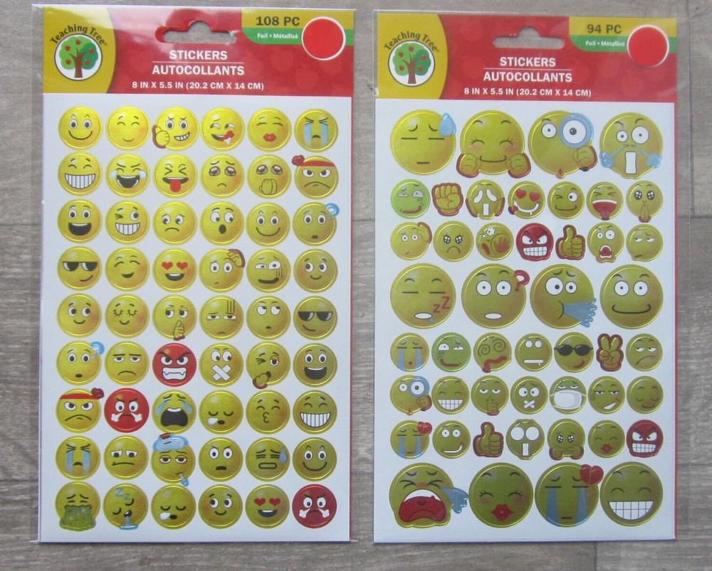 Teaching Tree 202 Fun Silly Expressive Emoji Shiny Gold Stickers 1″, 1/2″ New!