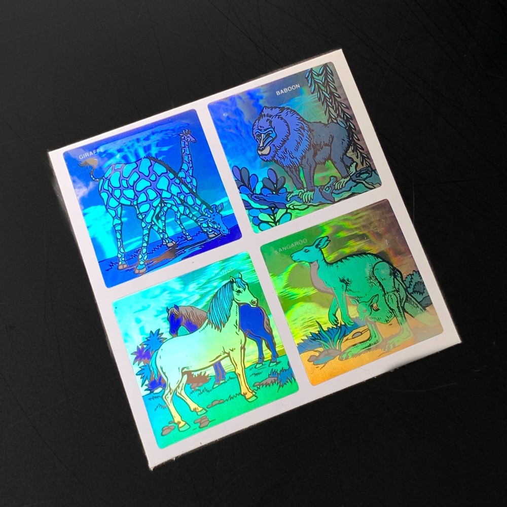 4 LION horse SAFARI jungle ANIMALS VINTAGE STICKER hologram holographic foil