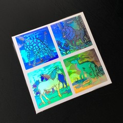 4 LION horse SAFARI jungle ANIMALS VINTAGE STICKER hologram holographic foil