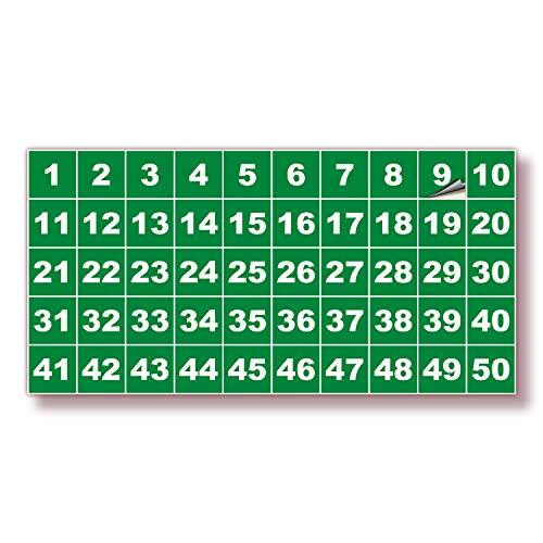 Consecutive Number Stickers – 1 to 50, 1 Set – Vinyl Self 1-inch Green