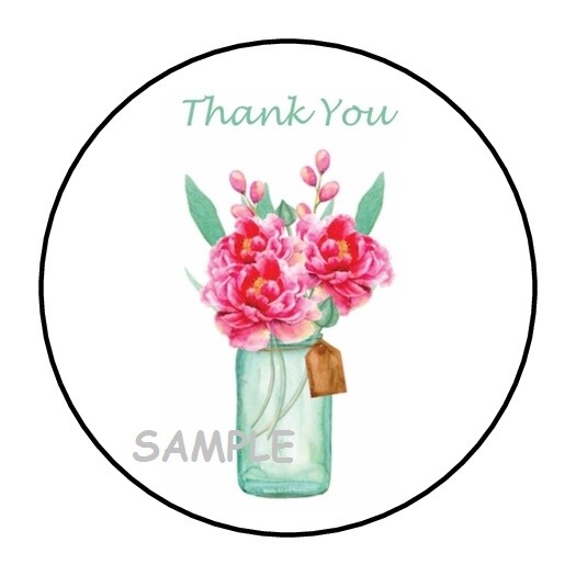 30 THANK YOU ENVELOPE SEALS LABELS STICKERS 1.5″ ROUND FLOWERS IN VASE