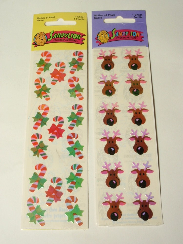 Lot 2 Sandylion MOP Mother of Pearl Christmas Stickers: Candy Cane & Reindeer