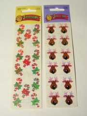 Lot 2 Sandylion MOP Mother of Pearl Christmas Stickers: Candy Cane & Reindeer