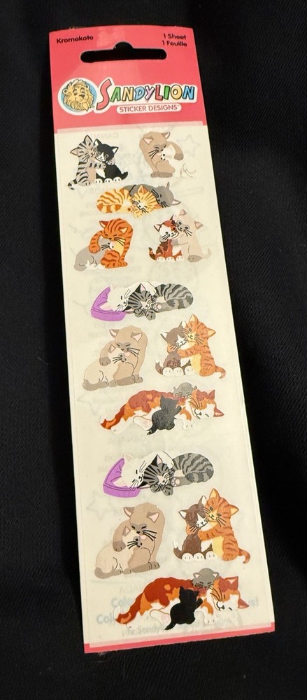 Rare 1990s Sandylion Kromekote sticker sheet various cats cuddling and sleeping