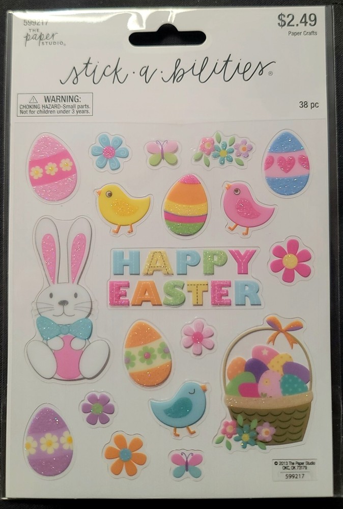 EASTER STICKERS «HAPPY EASTER» 38 PIECES TOTAL RABBIT, BASKET SPARKLE GLITTER