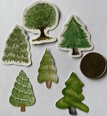 GREEN TREE ASSORTMENT Stickers(6pc)Christmas•Forest •Decorated•Trunk•Garden•
