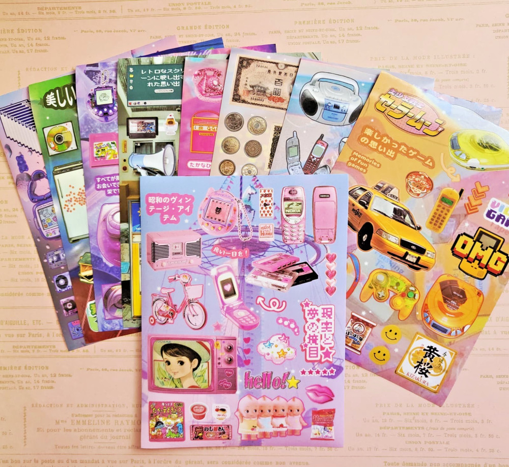 Kawaii Japanese Retro Sticker Sheet Pink Y2K Aesthetic Vintage Showa Tech Matte