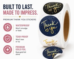 500 Thank You Stickers – 2″ Round Labels with Gold Foil Hearts for Packaging, Gi