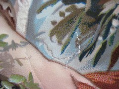 Large Beautiful Die Cut of Girl Holding Flowers Wearing Straw Hat w/Blue Bow *