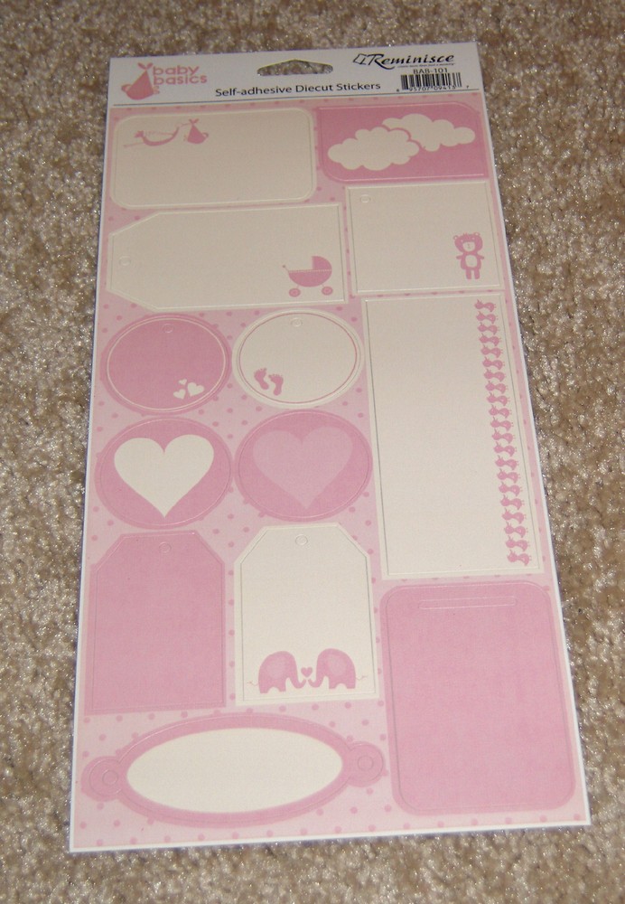Reminisce Die Cut Sticker Sheet ~ Baby Basics Baby Girl Pink Assorted Tags