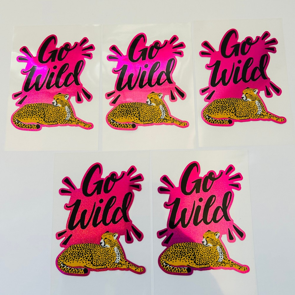 Vintage Y2K Retro Die Cut Prism Glitter Foil Decal GO WILD Cheetah theme 5 pk