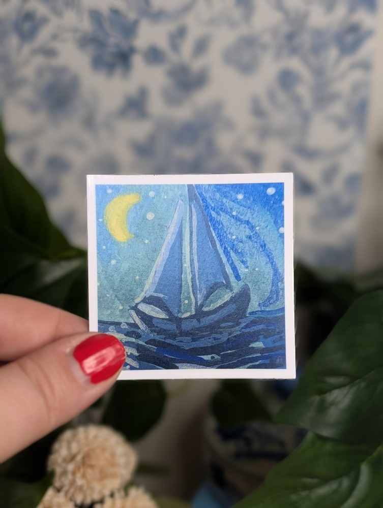Moonlit Sailboat Glossy Sticker Original Acrylic Marker Art 2.5×2.5