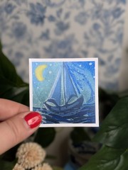 Moonlit Sailboat Glossy Sticker Original Acrylic Marker Art 2.5×2.5