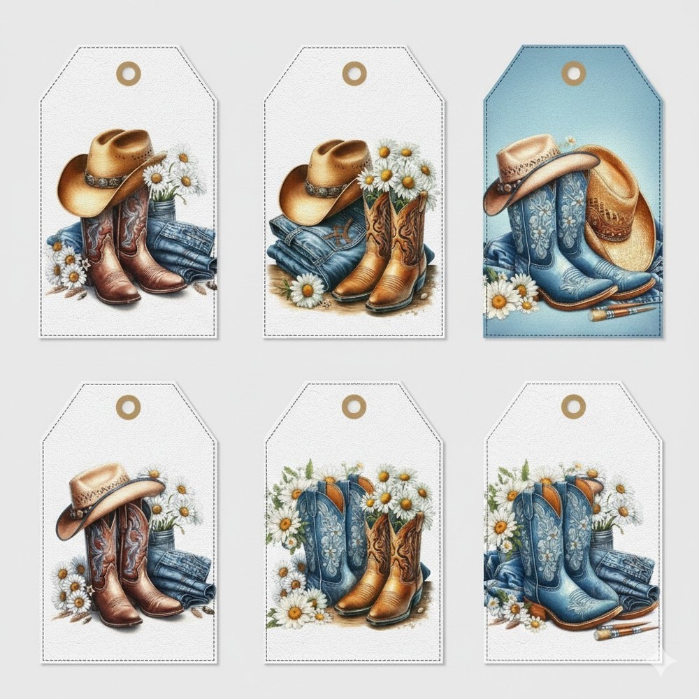 Cute Cowgirl Boots Tags Set Junk Journal Scrapbook