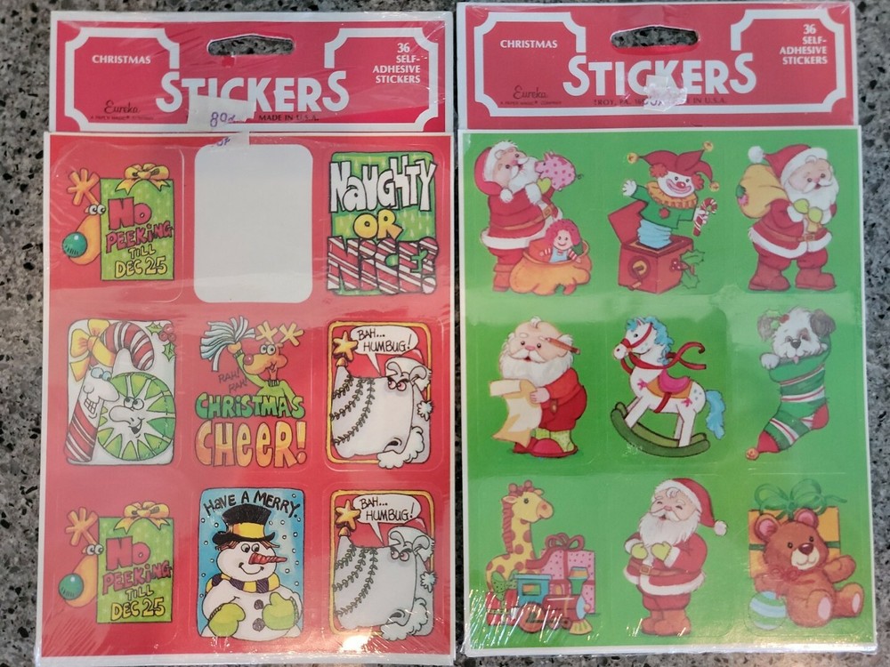 2 Vintage 80s Eureka Christmas Stickers SEALED Retro cute kids words Stick ons